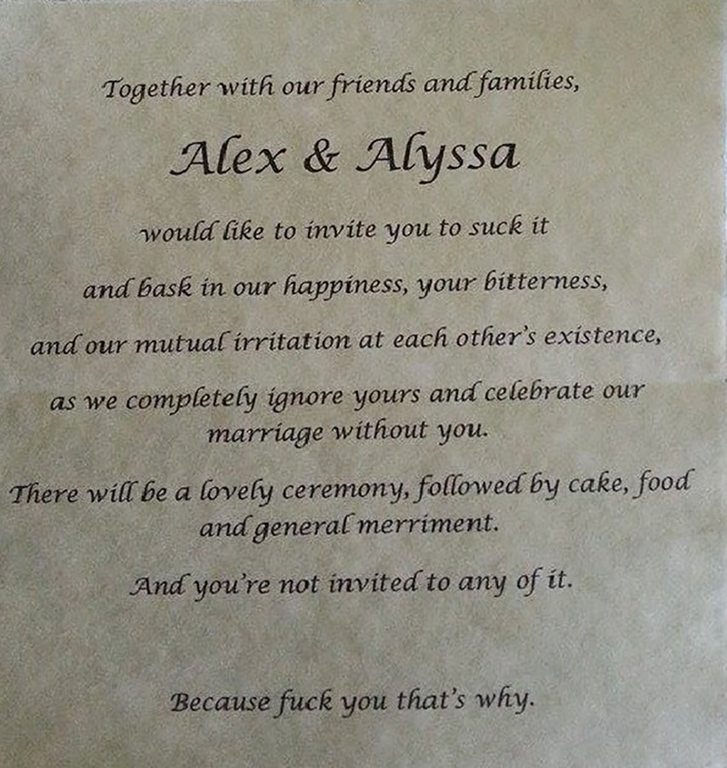 Illustration for article titled Bride Gets Back at Awful Parents With Brilliant Burn of a Wedding Invite